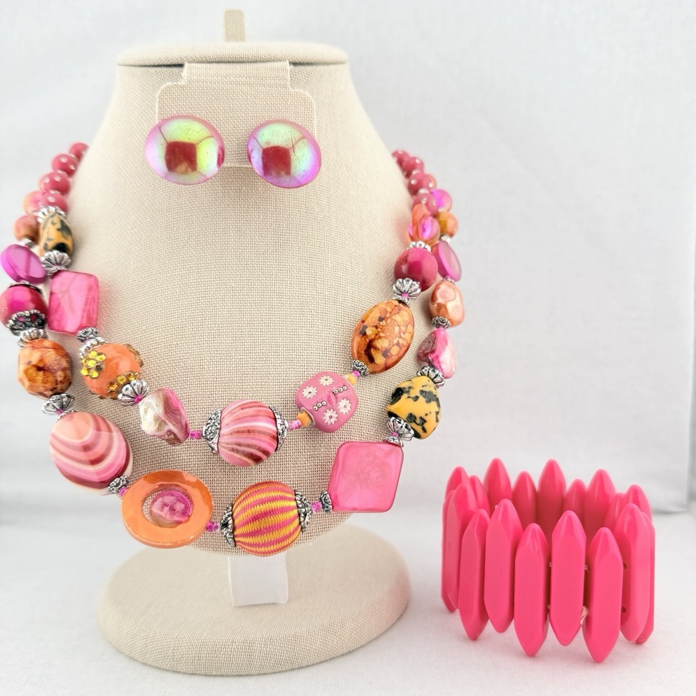 Vtg Pop Mod Neon Pink Orange Summer Sunset Necklace Clip Earrings Bracelet Set‎
